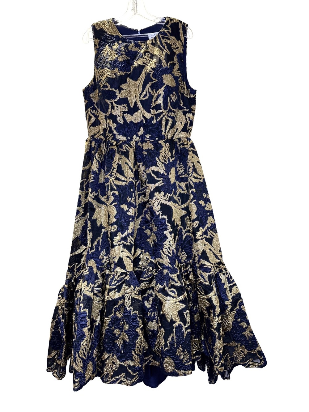 Mac Duggal NWT Sleeveless High Low Ruffle Brocade Gown Dark Blue and Gold Sz 14
